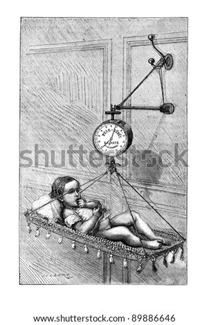  Baby Scale by Dr. Bouchut, vintage engraved illustration. Usual Medicine Dictionary by Dr Labarthe - 1885