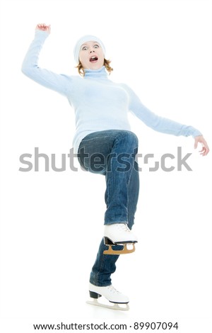A girl with skates on white background.