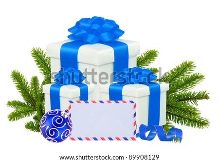 Christmas Gift Boxes, Decoration Balls and Tree Branch isolated on white