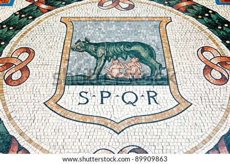 One of the mosaics on the floor of Vittorio Emanuele Gallery in Milan, representing Rome (the she-wolf and Romulus and Remus).