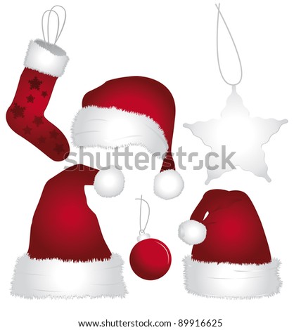 Santa caps isolated on white background. Christmas icons set.