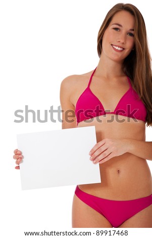 Attractive young woman in bikini holding blank white sign. All on white background.
