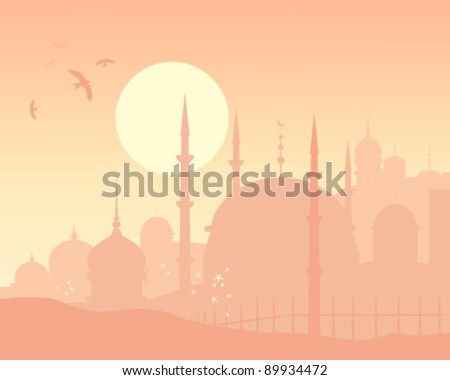 vector background with exotic eastern skyline of islamic architecture at sunset in eps 10 format