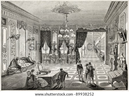 Mayer and Pierson photographic establishment main hall, old illustration. Created by Yriarte and lavieille, published on L'Illustration, Journal Universel, Paris, 1858