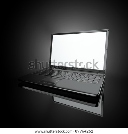Opened laptop on black background and volume light. 3d