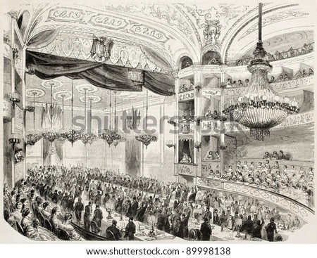 Banquet offered to Ferdinand de Lesseps (developer of the Suez Canal) by the city of Marseilles. Created by Godefroy-Durand after Crapelet, published on L'Illustration, Journal Universel, Paris, 1858