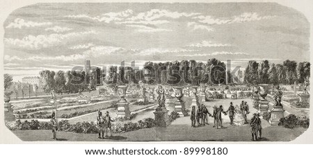Tuileries garden old view, Paris. Created by Lieto, published on L'Illustration, Journal Universel, Paris, 1858
