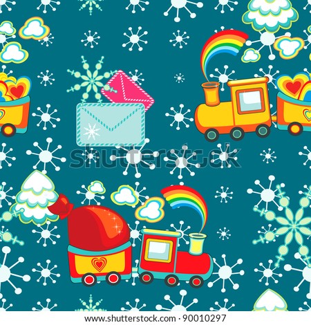 Christmas happy pattern of cartoon train with gifts, vector.