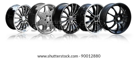 Orderly car alloy wheel various, isolated over white background. (Save path for design work)