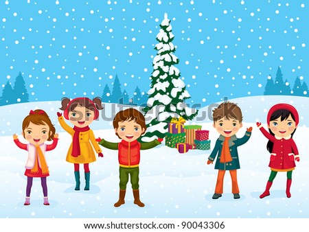 Stock vector illustration on a Christmas theme group of cheerful children near decorated for the holiday tree and gifts