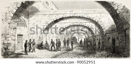 Out of cell time in Fort-Neuf (military prison) courtyard, Algiers. Created by Gaildrau, published on L'Illustration, Journal Universel, Paris, 1858