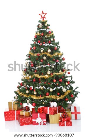 decorated Christmas tree and gift boxes, isolated on  white background