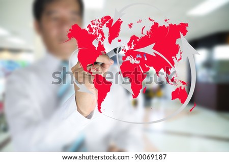 Business man write global network or globalization concept on touch screen