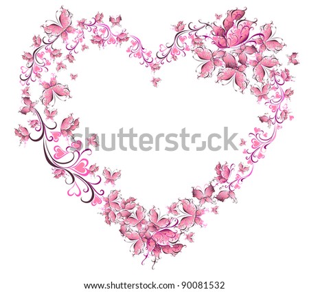 Floral love shape. Heart of butterflies. Valentines day card.