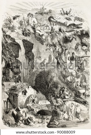 Water: old fantasy illustration. Created by Nanteuil, published on L'Illustration, Journal Universel, Paris, 1858