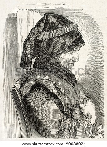 Auvergne headgear old illustration. By unidentified author, published on L'Illustration, Journal Universel, Paris, 1858