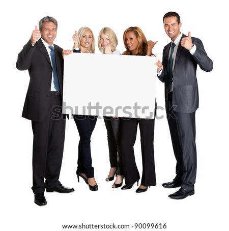 Business people with thumbs up holding blank board isolated on white background