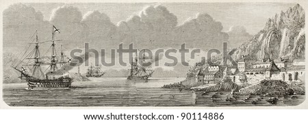 Russian naval group entering Villafranca seaport. Created by Lebreton, published on L'Illustration, Journal Universel, Paris, 1858