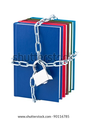 Books closed on padlock and chain isolated on white background.