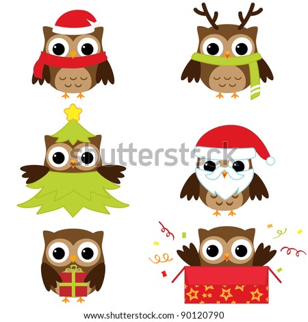 Christmas and New Year's owls in funny costumes - vector set