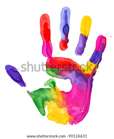 Close up of colored hand print on white background Royalty-Free Stock Photo #90126631