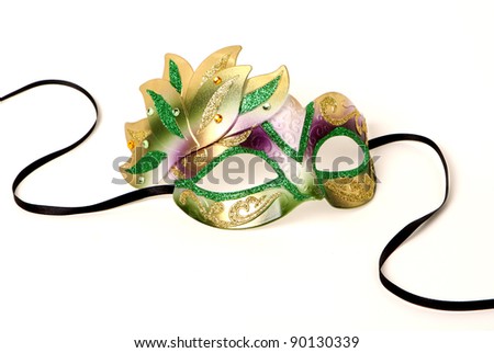 Purple, Gold, and Green Venetian Mask with Black Ribbon on White