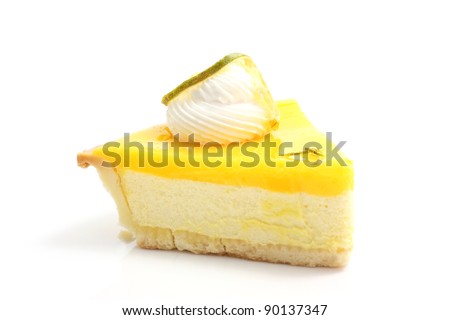 slice of lemon cheese cake isolated in white background