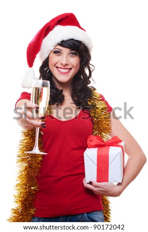 cheerful young woman holding glass and gift. isolated on white background