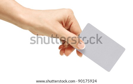 Business card in female hand. Studio isolated. With clipping path