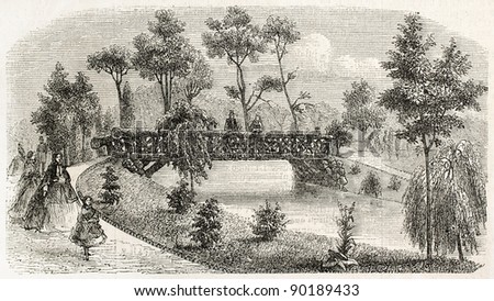 Bordeaux park old view, the rustic bridge. Created by Fauche, published on L'Illustration, Journal Universel, Paris, 1858