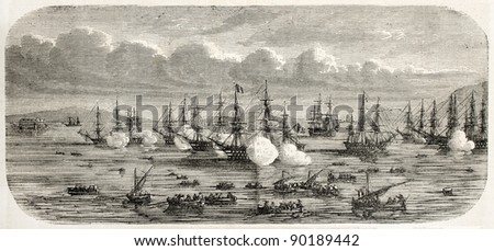 Grand Duke Konstantin Nicolayevich of Russia flotilla entering Toulon harbor. Created by Lebreton after Letuaire, published on L'Illustration, Journal Universel, Paris, 1858