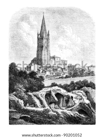  Les Arenes and the steeple of St. Eutropius, a Saintes, vintage engraved illustration. Magasin Pittoresque 1875