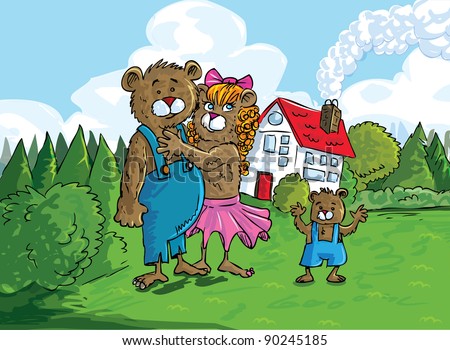 Cartoon of the three bears in front of the bears house