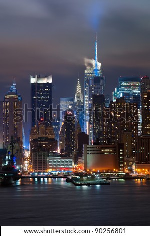 Manhattan, New York City. Manhattan skyline viewed from New Jersey at night.