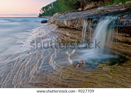 Landscape of the Miner's Beach cascade at twilight, Lake Superior, Pictured Rocks National Lakeshore, Michigan's Upper Peninsula, USA