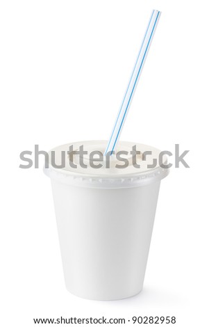 Disposable cup of small volume for beverages with straw. Isolated on a white.