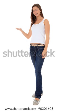 Attractive young woman points to the side. Great to use as advertisement template. All on white background.