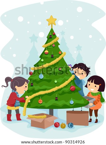 Illustration of Kids Decorating a Christmas Tree