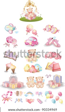 Happy Party for Cute little Baby - joyful pink collection, sweet foods, colorful ornaments and surprised presents on anniversary for lovely kids isolated on white background : vector illustration set