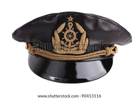 Navy black leather cap with an emblem on a white background