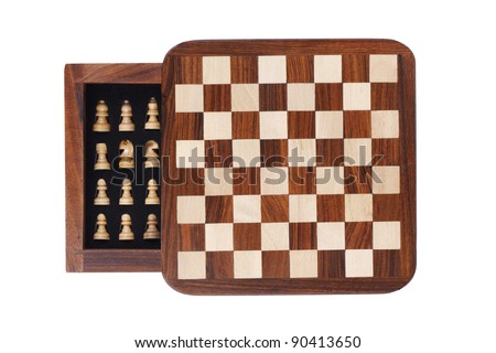 Board with a little pocket chess on white background