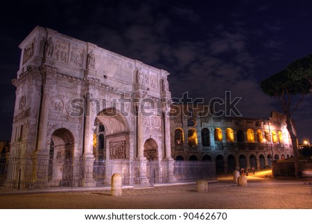 Colosseum and Arch of Constantine at night,  Rome