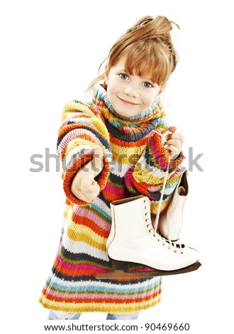 Little girl with figure skates, showing OK sign. Isolated on white background