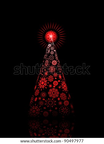 snowflake Christmas tree with glowing snowflake star reflected on a black background