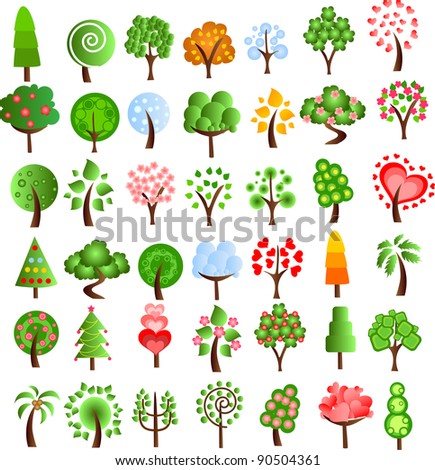 Set of icons of different trees, the vector