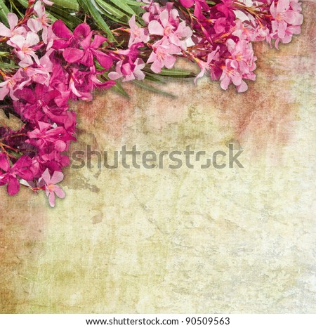 Vintage illustration of oleander flowers frame. Distressed treatment for a retro feel. Combination of hand-drawn material and photographs. Royalty-Free Stock Photo #90509563