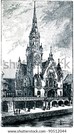 antique engraving German pavilion on International Exhibition in Paris, 1900 - an illustration of the encyclopedia publishers Education, St. Petersburg, Russian Empire, 1896