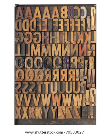 vintage wood letterpress printing blocks on a metal tray - the entire English alphabet with duplicate symbols and punctuation Royalty-Free Stock Photo #90533029