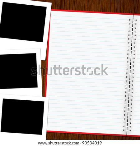 Blank notebook and photo on old wood background