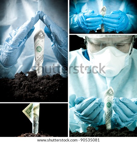 Growing money in laboratory environment, collage
